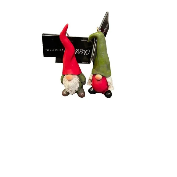 Gnome Christmas Holiday Ornaments Red‎ Green Hats NEW Set Of 2 Rustic Festive - Picture 1 of 3